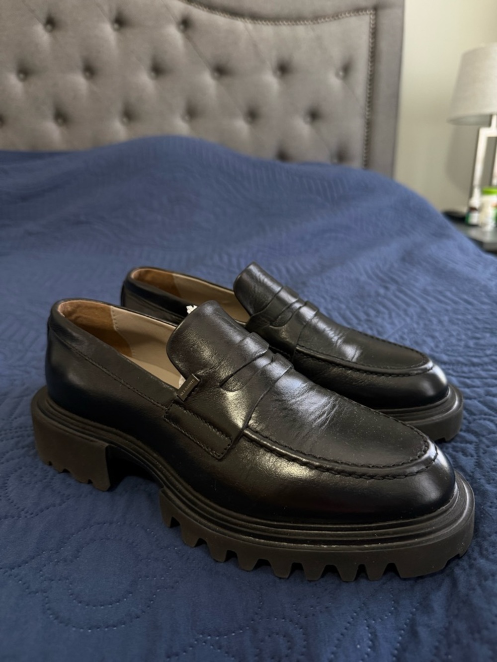 AllSaints Black Leather Lug-Sole Penny Loafers